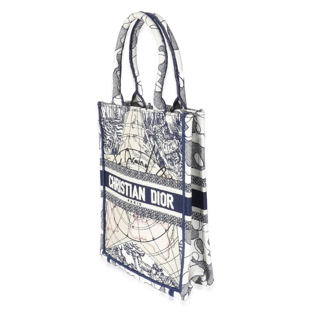 CHRISTIAN Dior Blue White Embroidered Canvas Vertical Book Tote