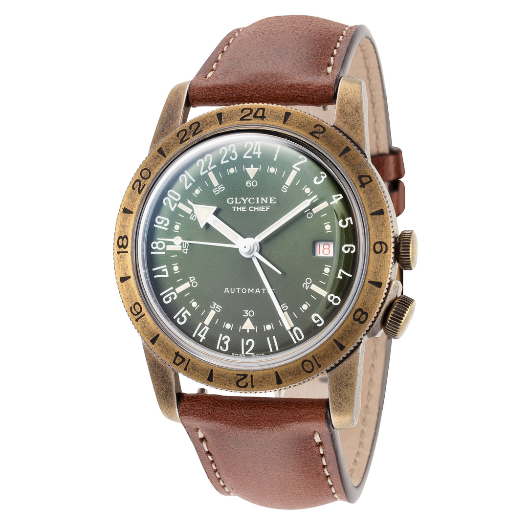 title:Glycine Men's Airman The Chief GL0307 40mm Green Dial Leather Watch;color:Green