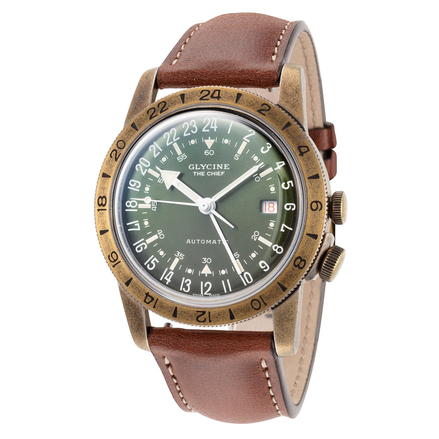 title:Glycine Men's Airman The Chief GL0307 40mm Green Dial Leather Watch;color:Green