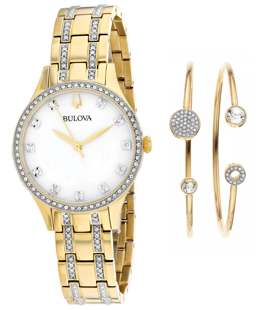 title:Bulova Women's 98X119 Crystal Gift Set 32mm Quartz Watch;color:White