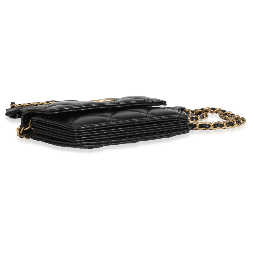 Chanel Black Quilted Lambskin Ruffled Card Holder On Chain