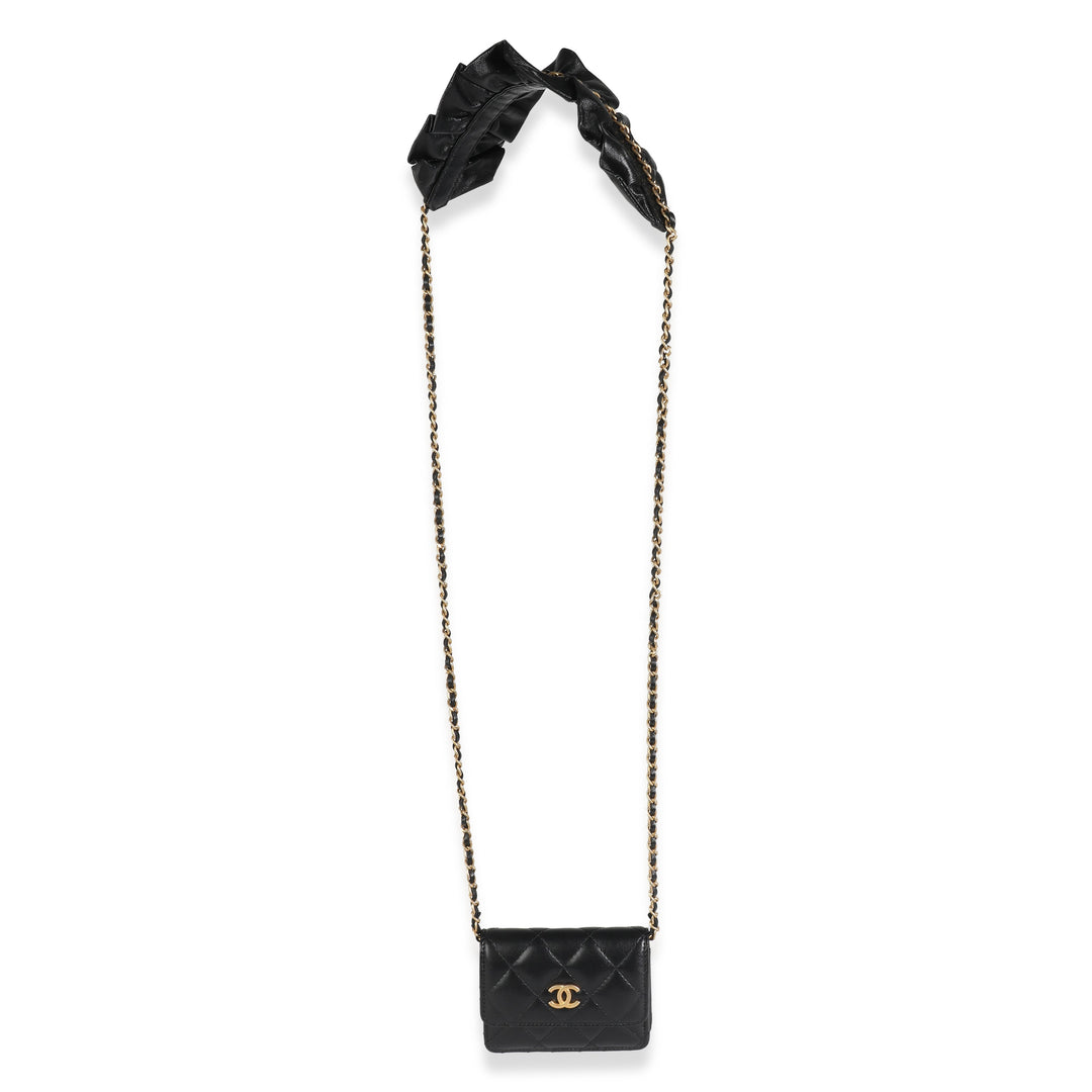 Chanel Black Quilted Lambskin Ruffled Card Holder On Chain