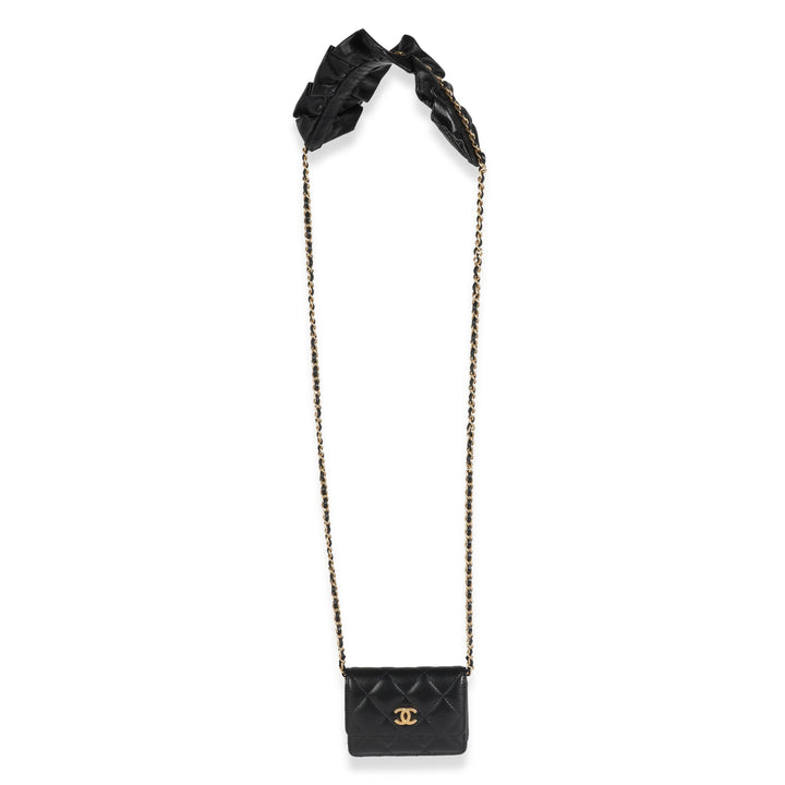Chanel Black Quilted Lambskin Ruffled Card Holder On Chain