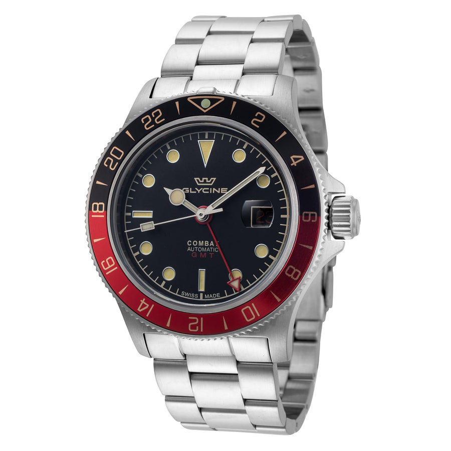 title:Glycine Men's GL0380 Combat Sub GMT 42 42mm Automatic Watch;color:Black Dial Silver Band
