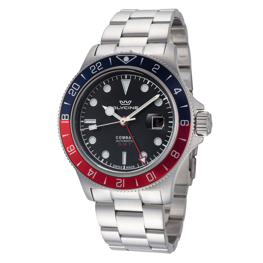 title:Glycine Men's GL0381 Combat Sub GMT 42 42mm Automatic Watch;color:Black Dial Silver Band