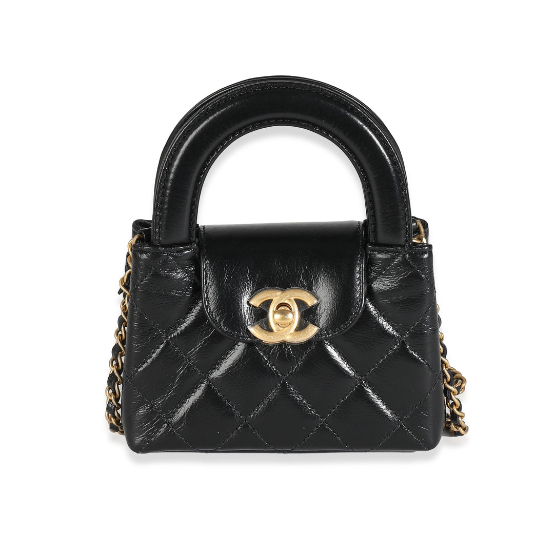 Chanel 24P Black Quilted Shiny Aged Calfskin Mini Nano Kelly Shopper