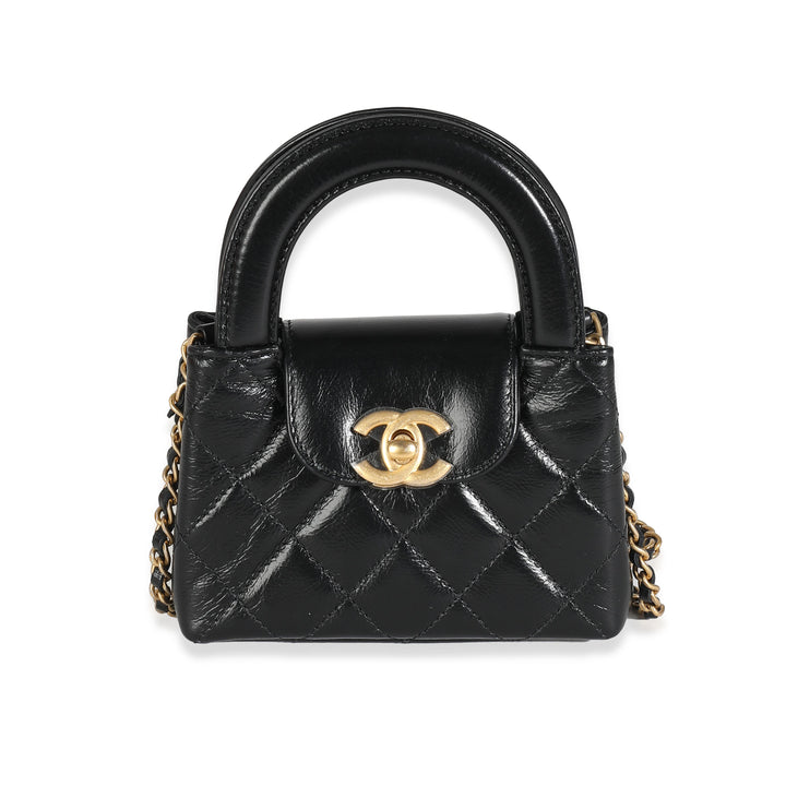 Chanel 24P Black Quilted Shiny Aged Calfskin Mini Nano Kelly Shopper