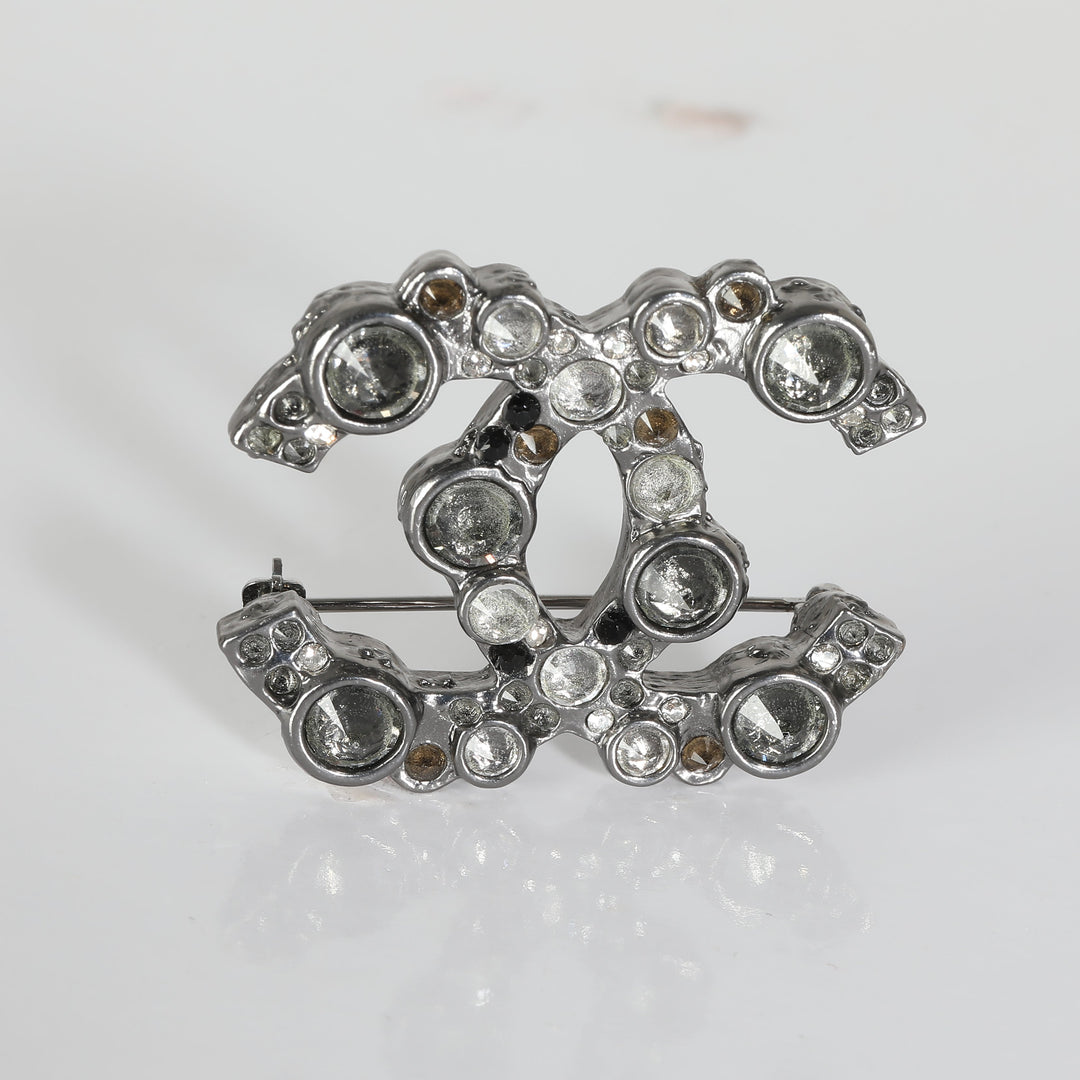 Chanel 2012 Silver Tone Strass CC Brooch