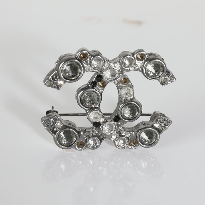 Chanel 2012 Silver Tone Strass CC Brooch
