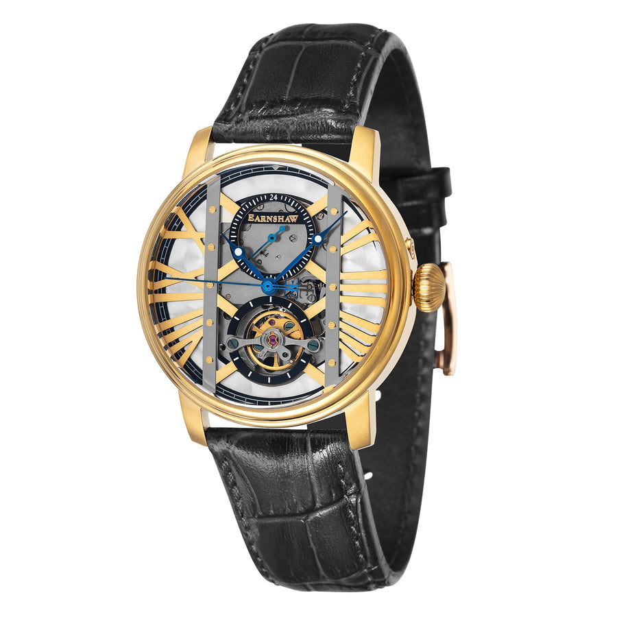 title:Thomas Earnshaw Men's ES-8095-02 West Minster 42mm Gold Dial Leather Watch;color:Black