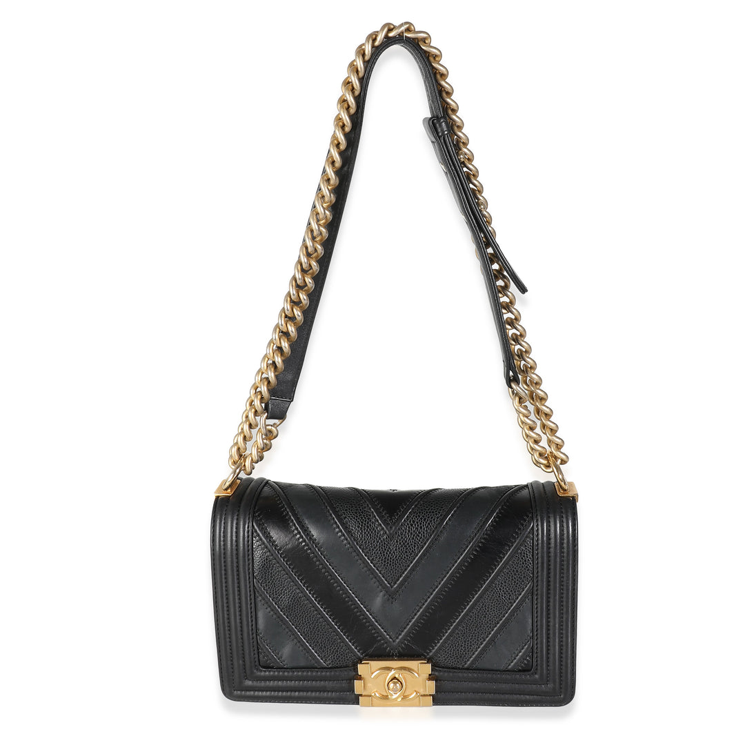 Chanel Black Calfskin Caviar In The Mix Chevron Old Medium Boy Bag