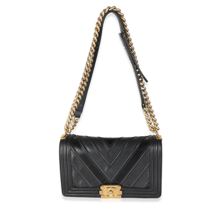 Chanel Black Calfskin Caviar In The Mix Chevron Old Medium Boy Bag