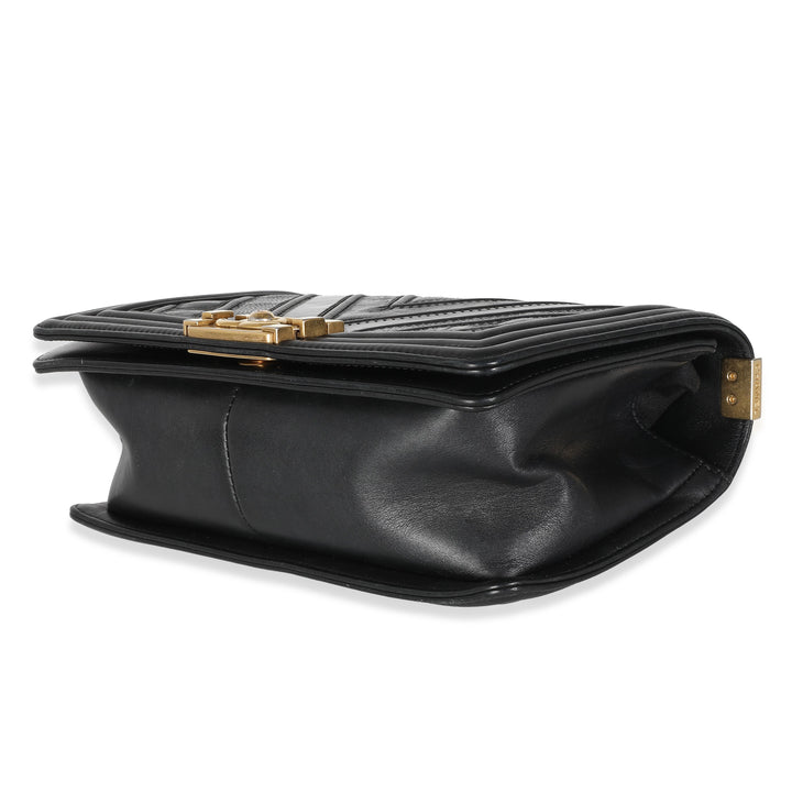 Chanel Black Calfskin Caviar In The Mix Chevron Old Medium Boy Bag