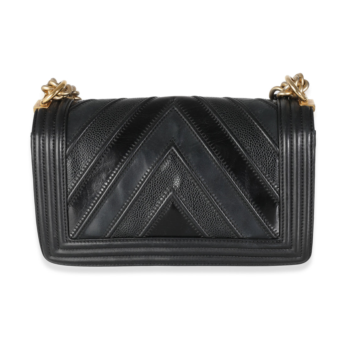 Chanel Black Calfskin Caviar In The Mix Chevron Old Medium Boy Bag