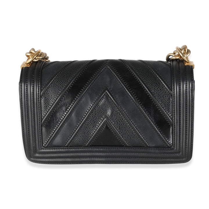 Chanel Black Calfskin Caviar In The Mix Chevron Old Medium Boy Bag
