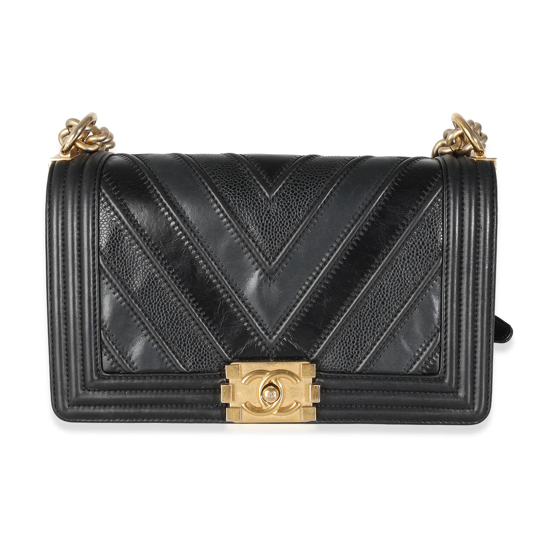 Chanel Black Calfskin Caviar In The Mix Chevron Old Medium Boy Bag