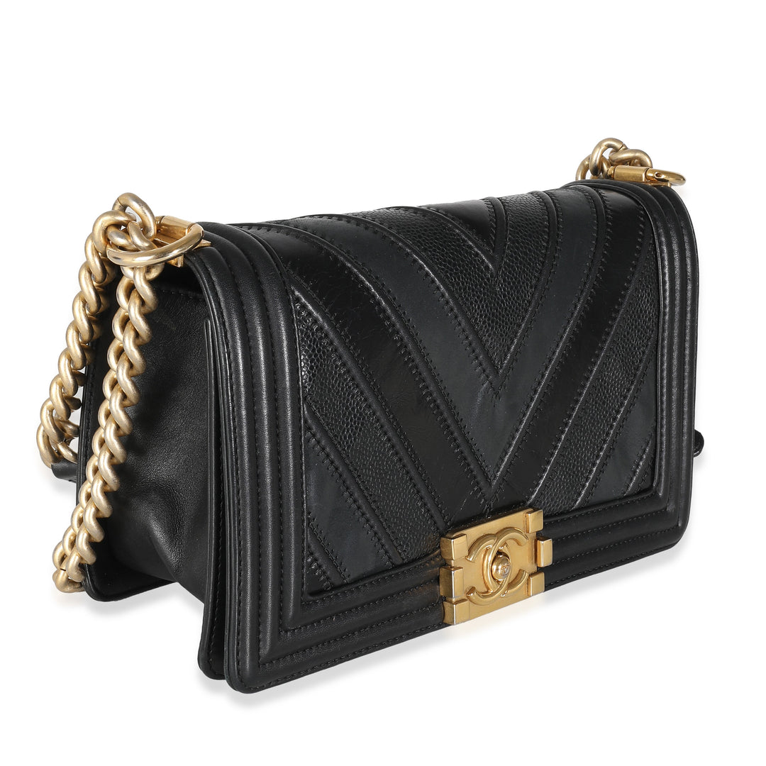 Chanel Black Calfskin Caviar In The Mix Chevron Old Medium Boy Bag