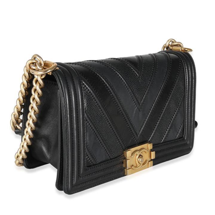 Chanel Black Calfskin Caviar In The Mix Chevron Old Medium Boy Bag