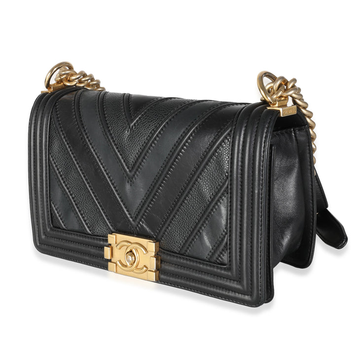 Chanel Black Calfskin Caviar In The Mix Chevron Old Medium Boy Bag