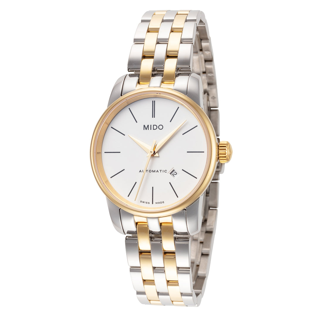 title:Mido Women's M8340.9.B1.9 Baroncelli 29mm Automatic Watch;color:Silver Dial Silver and Gold Band