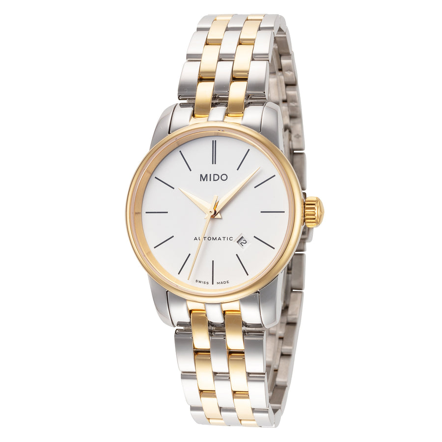 title:Mido Women's M8340.9.B1.9 Baroncelli 29mm Automatic Watch;color:Silver Dial Silver and Gold Band