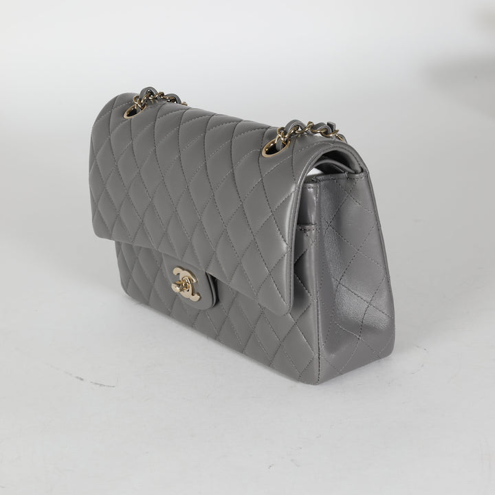 Chanel 22A Grey Quilted Lambskin Medium Classic Double New Bag