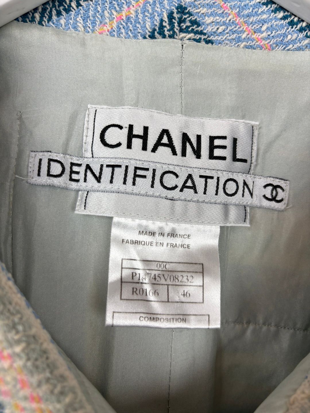 Top Quality Chanel 00/C Blue and Green Striped Tweed Jacket with Transparent Blue CC Logo Button Details Size FR 46 (UK 18)