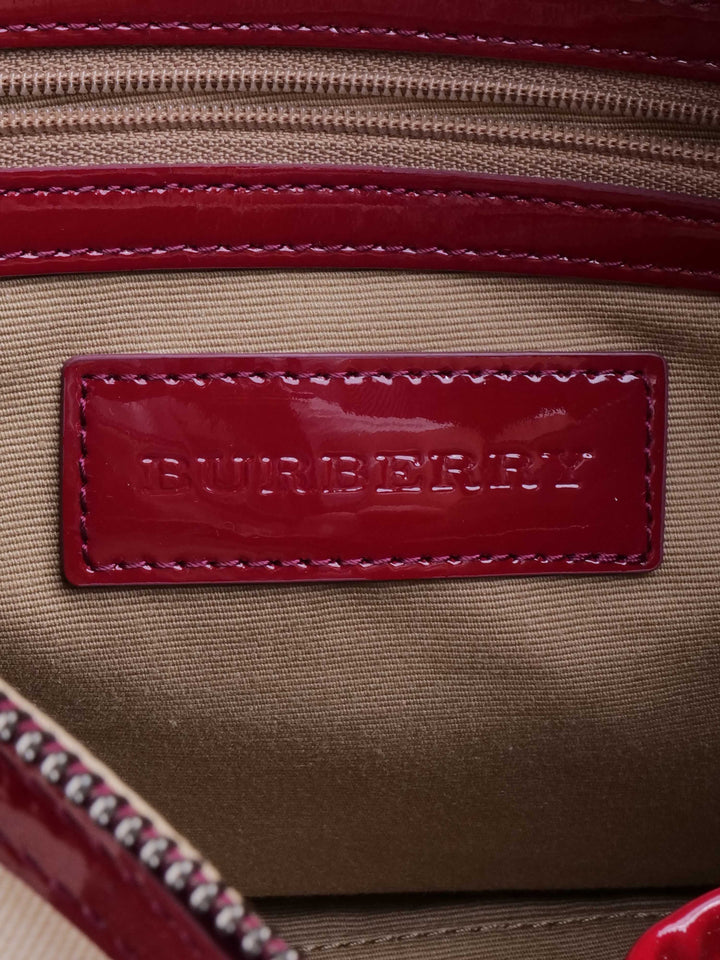 Burberry Haymarket Boston Bag with Dark Red Patent Trim.