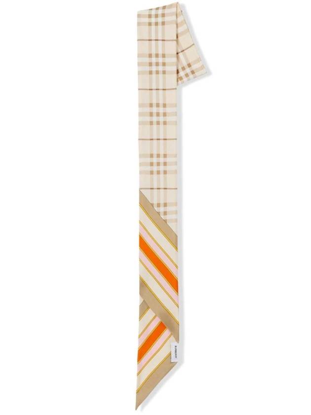 Burberry Check Print Silk Skinny Scarf White Carrot Orange