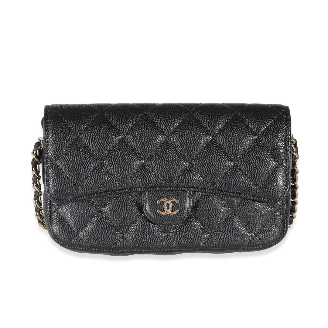 Chanel Black Quilted Caviar New Phone Holder With Chain