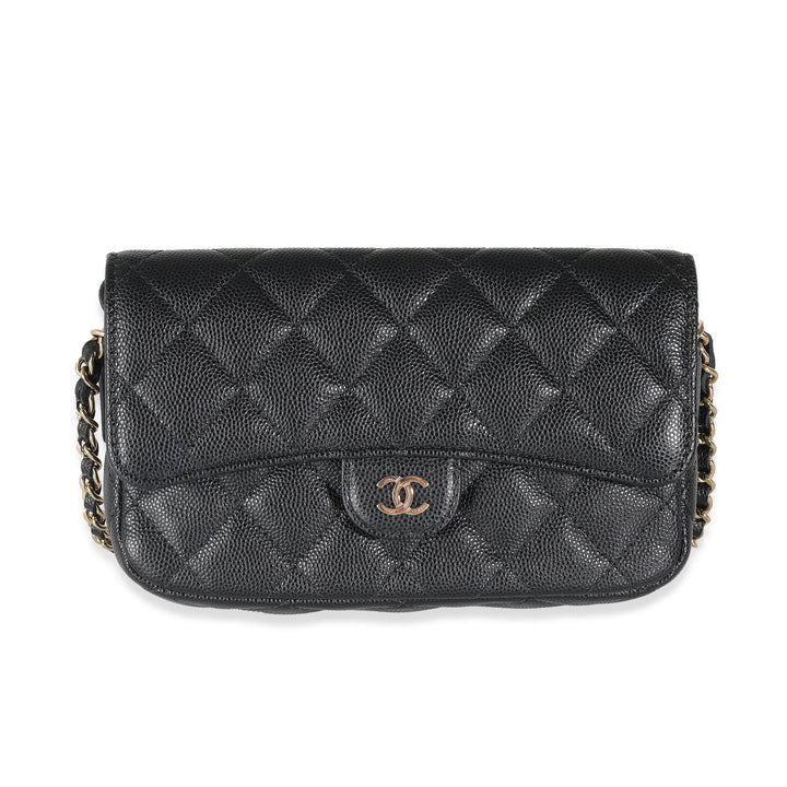 Chanel Black Quilted Caviar New Phone Holder With Chain