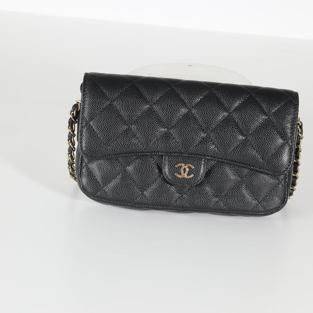 Chanel Black Quilted Caviar New Phone Holder With Chain