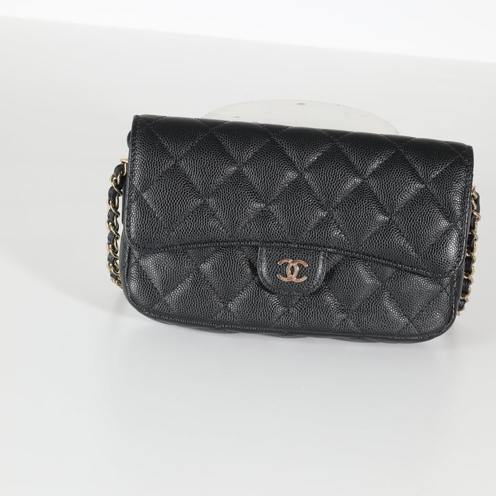 Chanel Black Quilted Caviar New Phone Holder With Chain