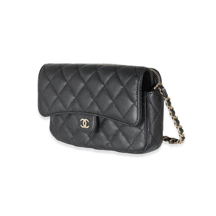 Chanel Black Quilted Caviar New Phone Holder With Chain