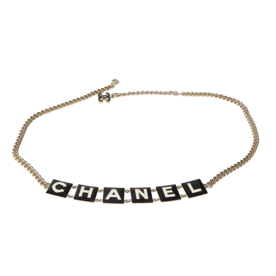 Chanel 2022 Black & White Enamel Gold Plated Logo Belt
