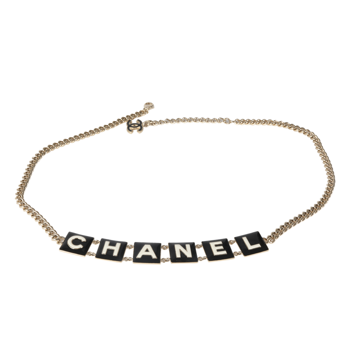 Chanel 2022 Black & White Enamel Gold Plated Logo Belt