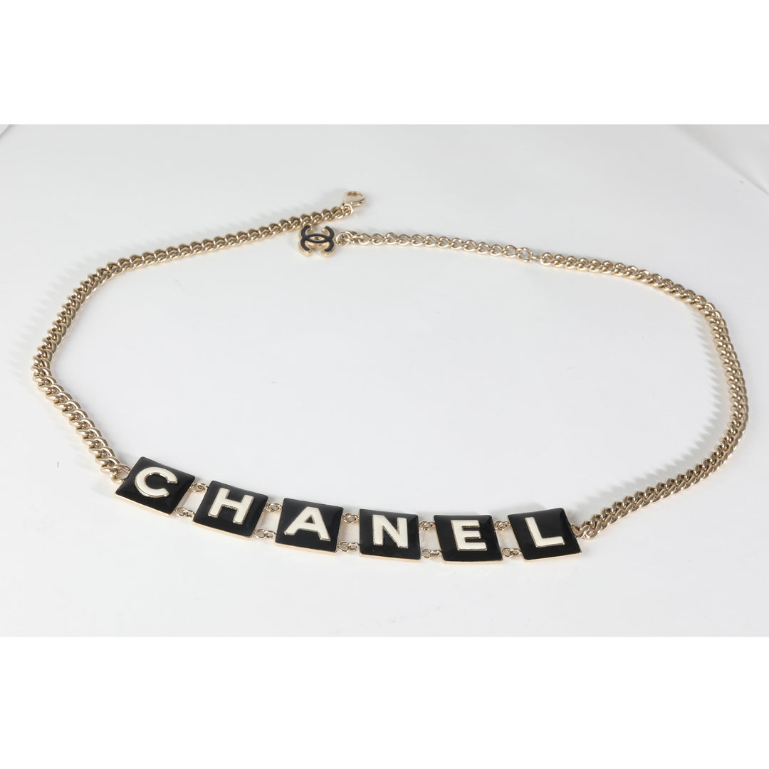 Chanel 2022 Black & White Enamel Gold Plated Logo Belt