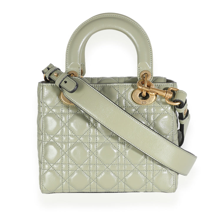 CHRISTIAN Dior Green Crinkled Patent Cannage Lucky Badges My Lady Dior Bag