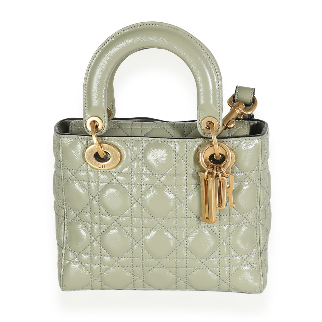 CHRISTIAN Dior Green Crinkled Patent Cannage Lucky Badges My Lady Dior Bag