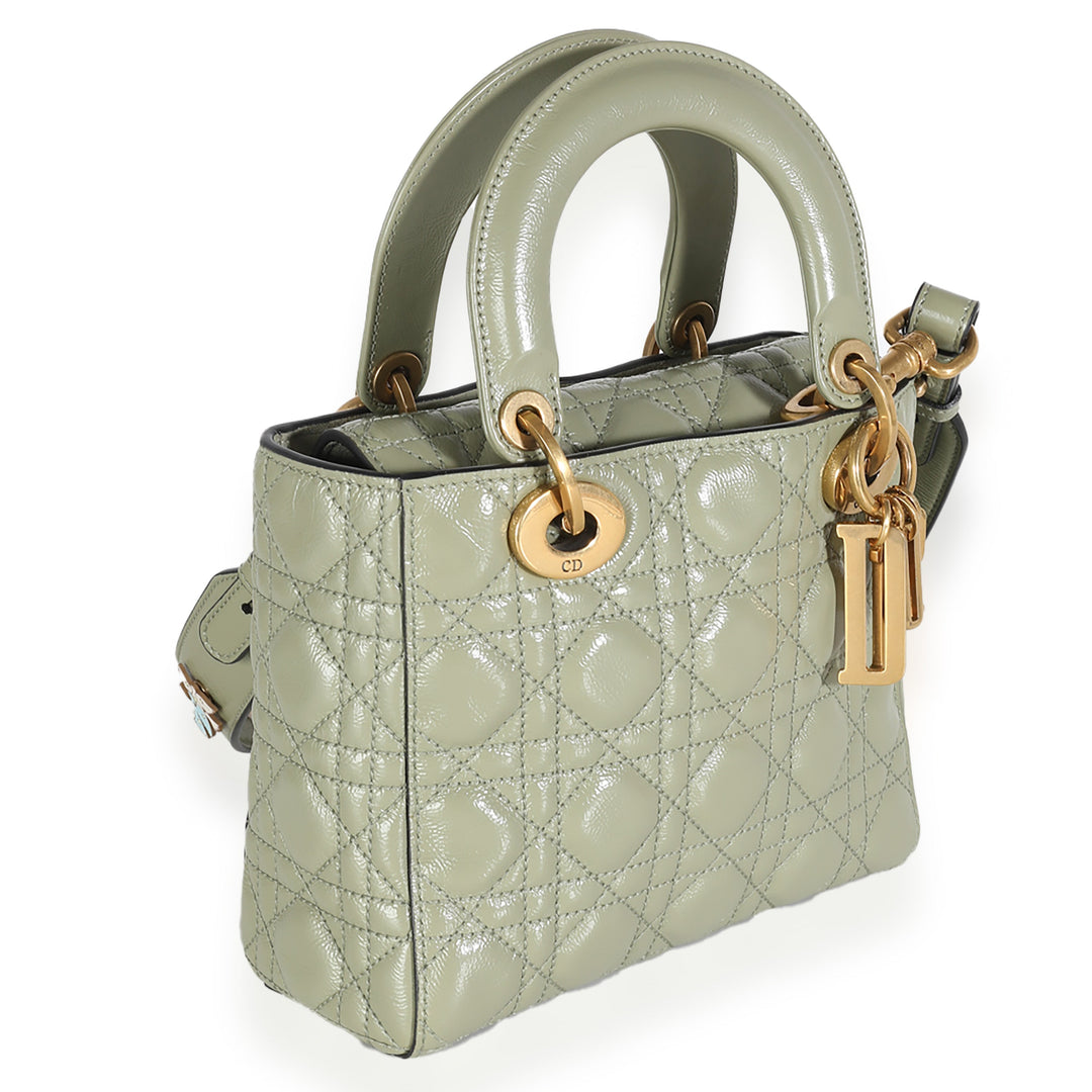 CHRISTIAN Dior Green Crinkled Patent Cannage Lucky Badges My Lady Dior Bag