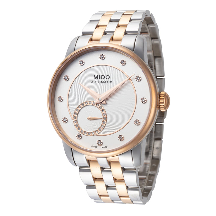 title:Mido Women's M0072282203600 Baroncelli II 35mm Automatic Watch;color:Silver Dial Silver and Rose Gold Band
