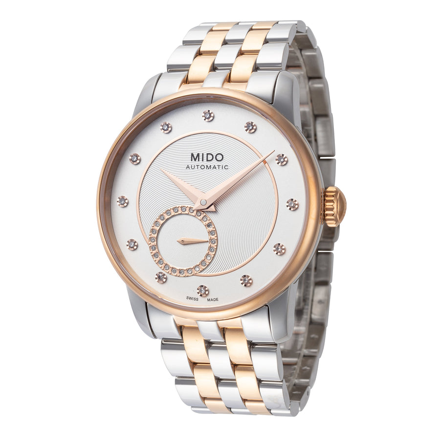 title:Mido Women's M0072282203600 Baroncelli II 35mm Automatic Watch;color:Silver Dial Silver and Rose Gold Band