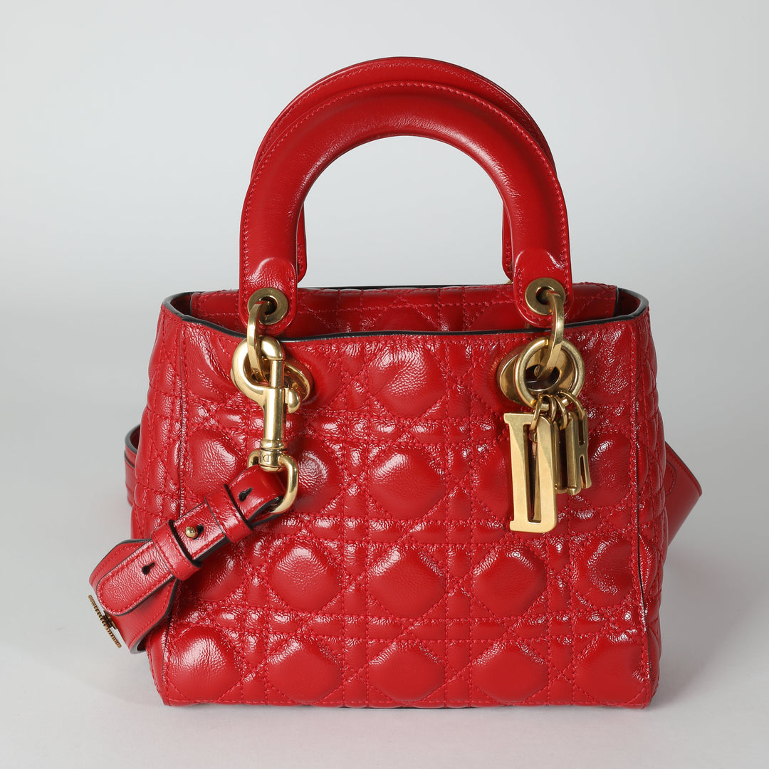 CHRISTIAN Top quality Dior Red Crinkled Patent Cannage Small Lucky Badges My Lady Top quality Dior