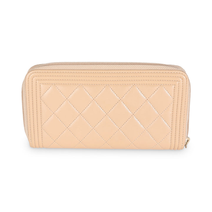 Chanel Beige Quilted Lambskin Zip Around Boy Wallet