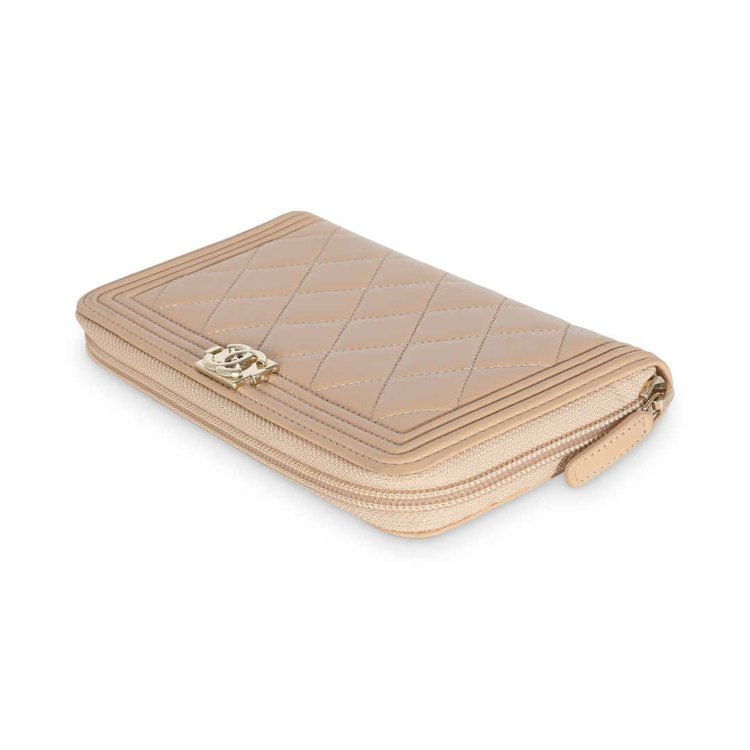 Chanel Beige Quilted Lambskin Zip Around Boy Wallet