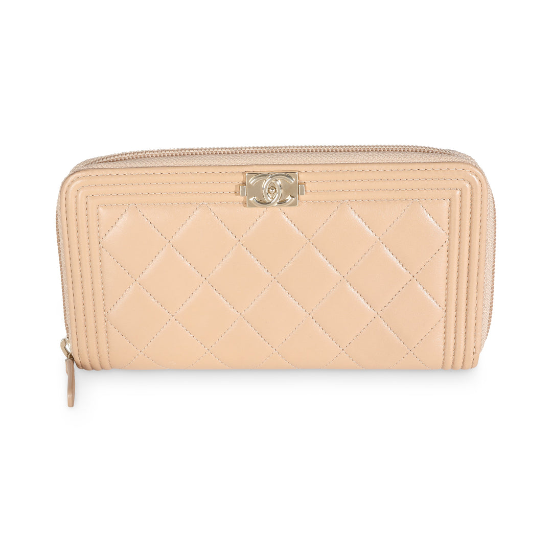 Chanel Beige Quilted Lambskin Zip Around Boy Wallet
