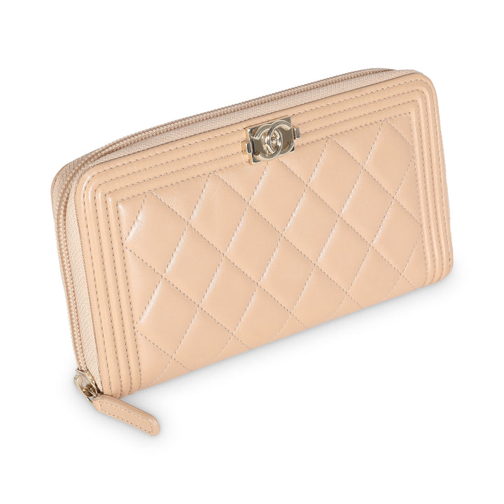 Chanel Beige Quilted Lambskin Zip Around Boy Wallet