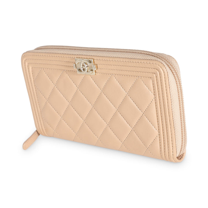 Chanel Beige Quilted Lambskin Zip Around Boy Wallet