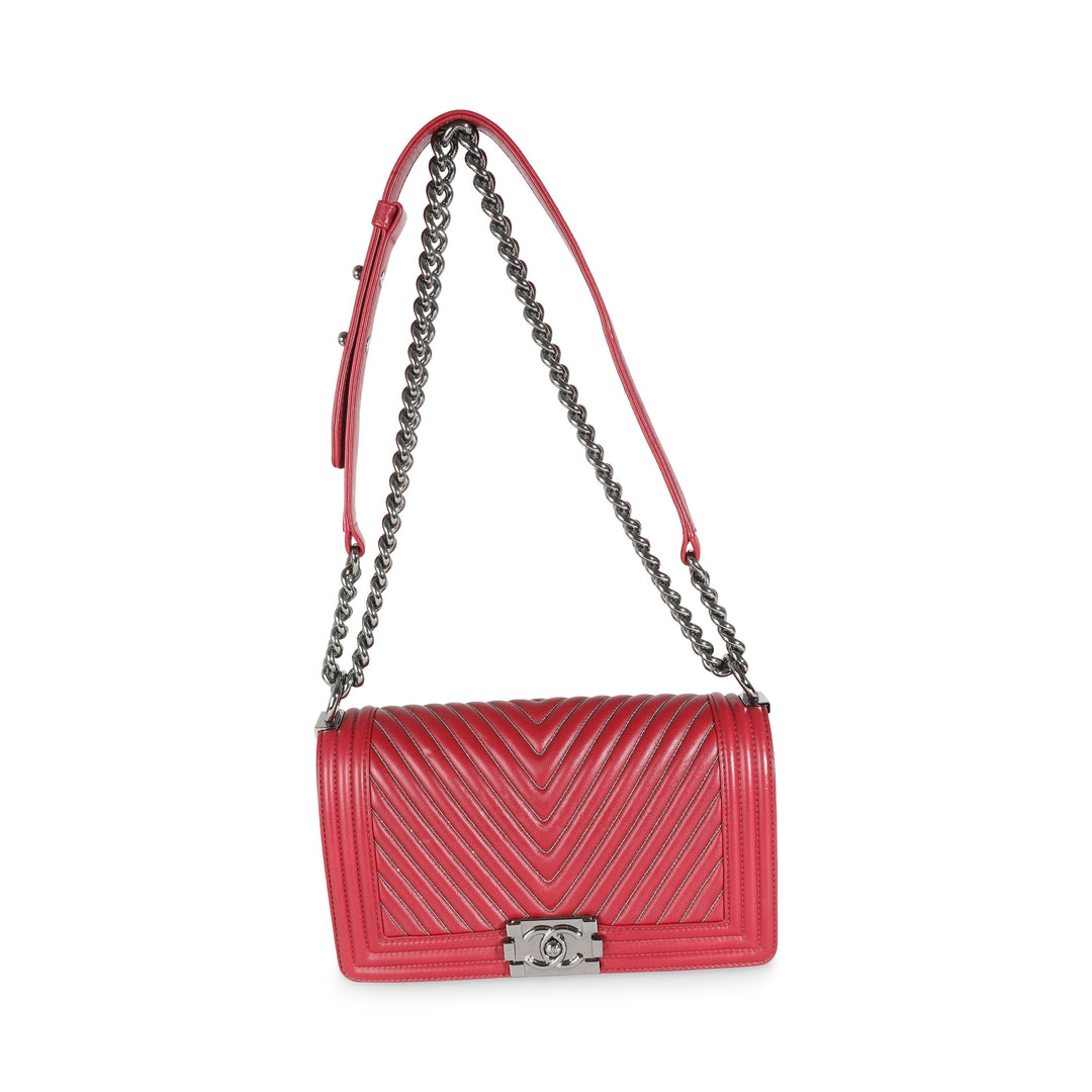 Chanel Burgundy Chevron Calfskin Chain Medium Boy Bag