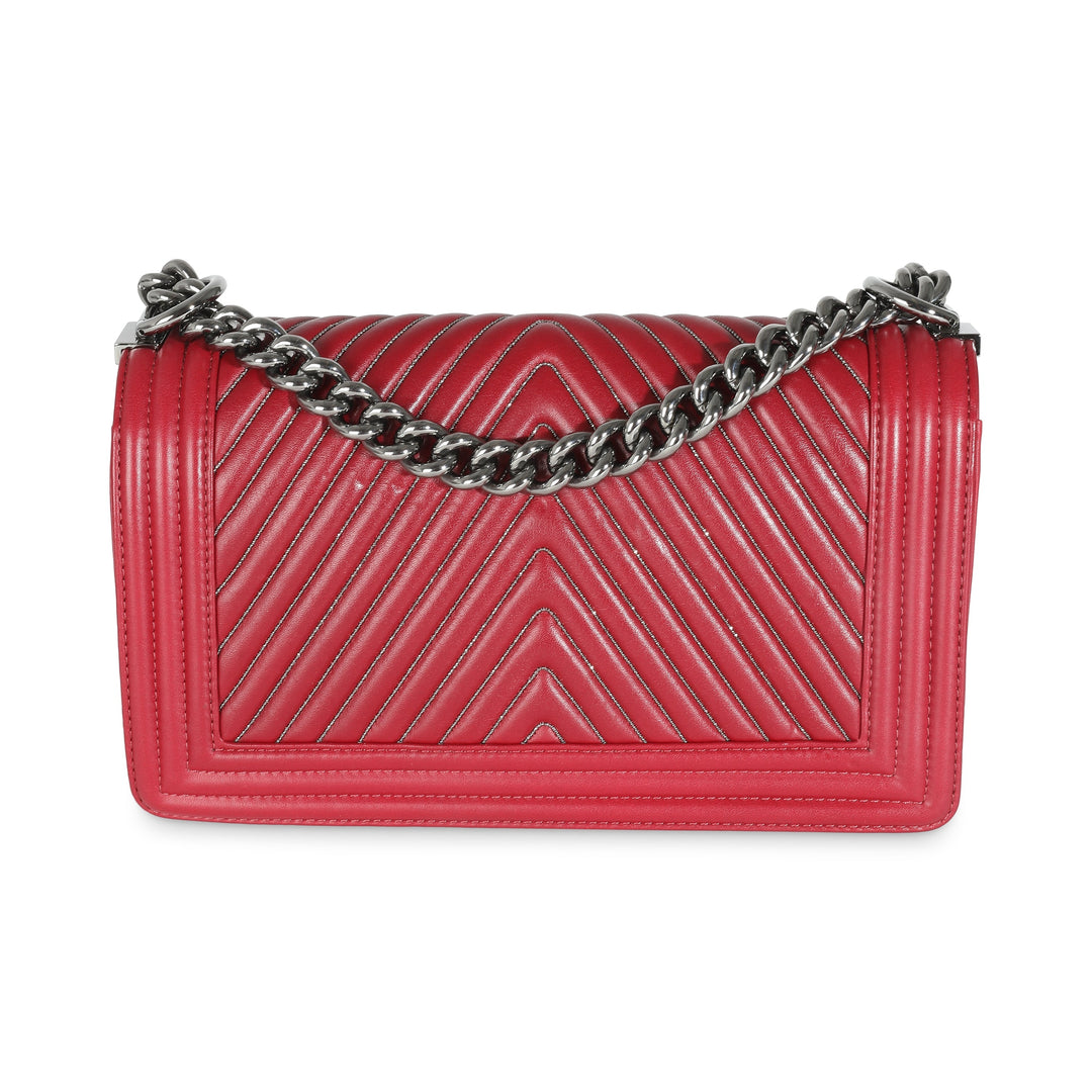Chanel Burgundy Chevron Calfskin Chain Medium Boy Bag